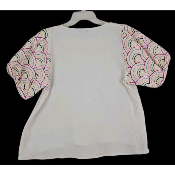 See N Be Seen ~Woman Size M~ White Textured Embroidered Puff Short Sleeve Cotton - Picture 12 of 13